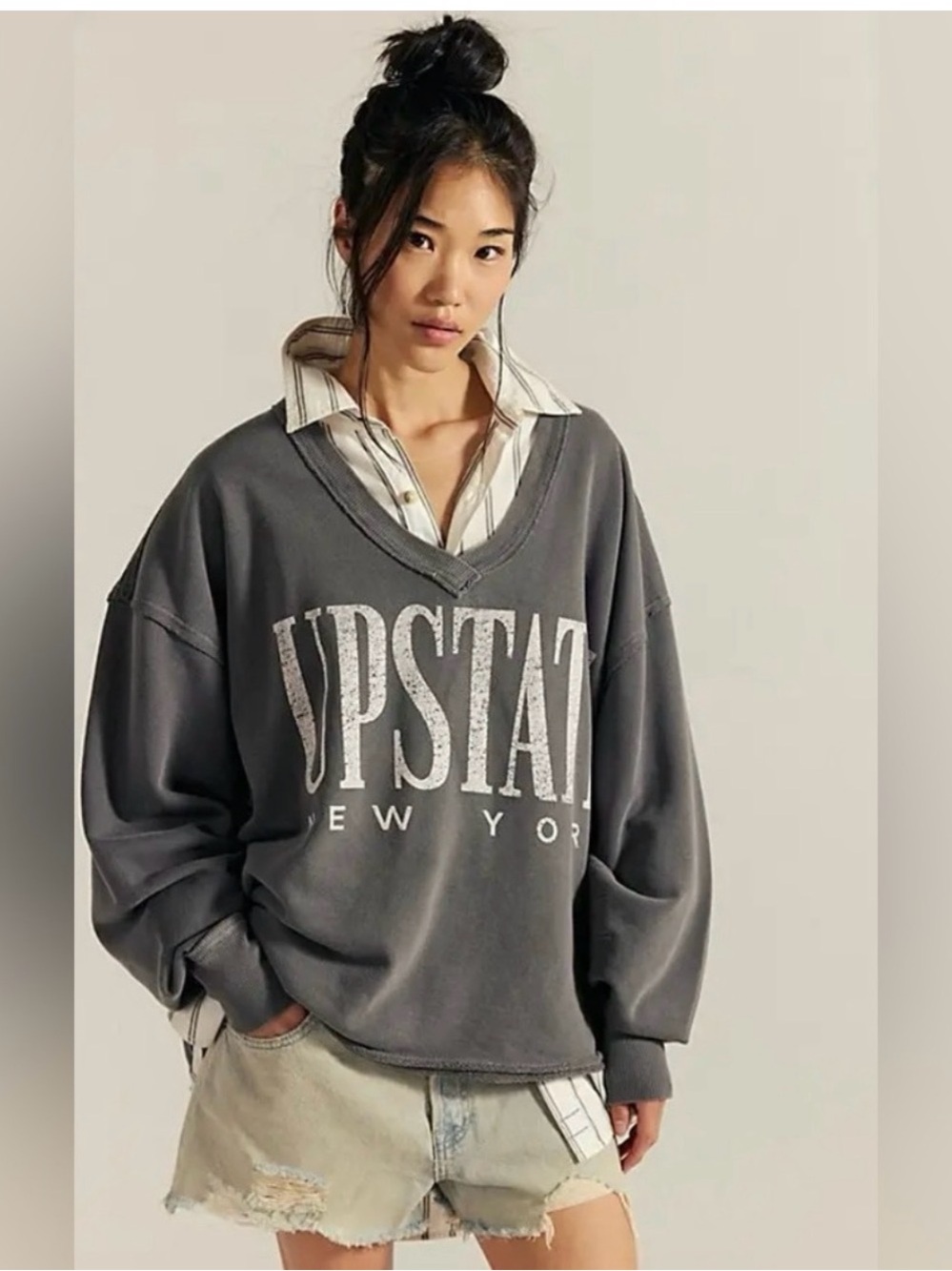 Free People Upstate New York Venice Graphic V-Neck Sweatshirt